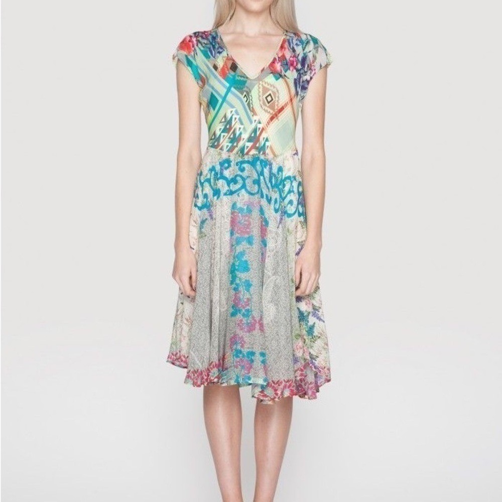 Johnny Was Mixed Floral Geometric Print V-Neck Boho Midi Dress Multicolor Small